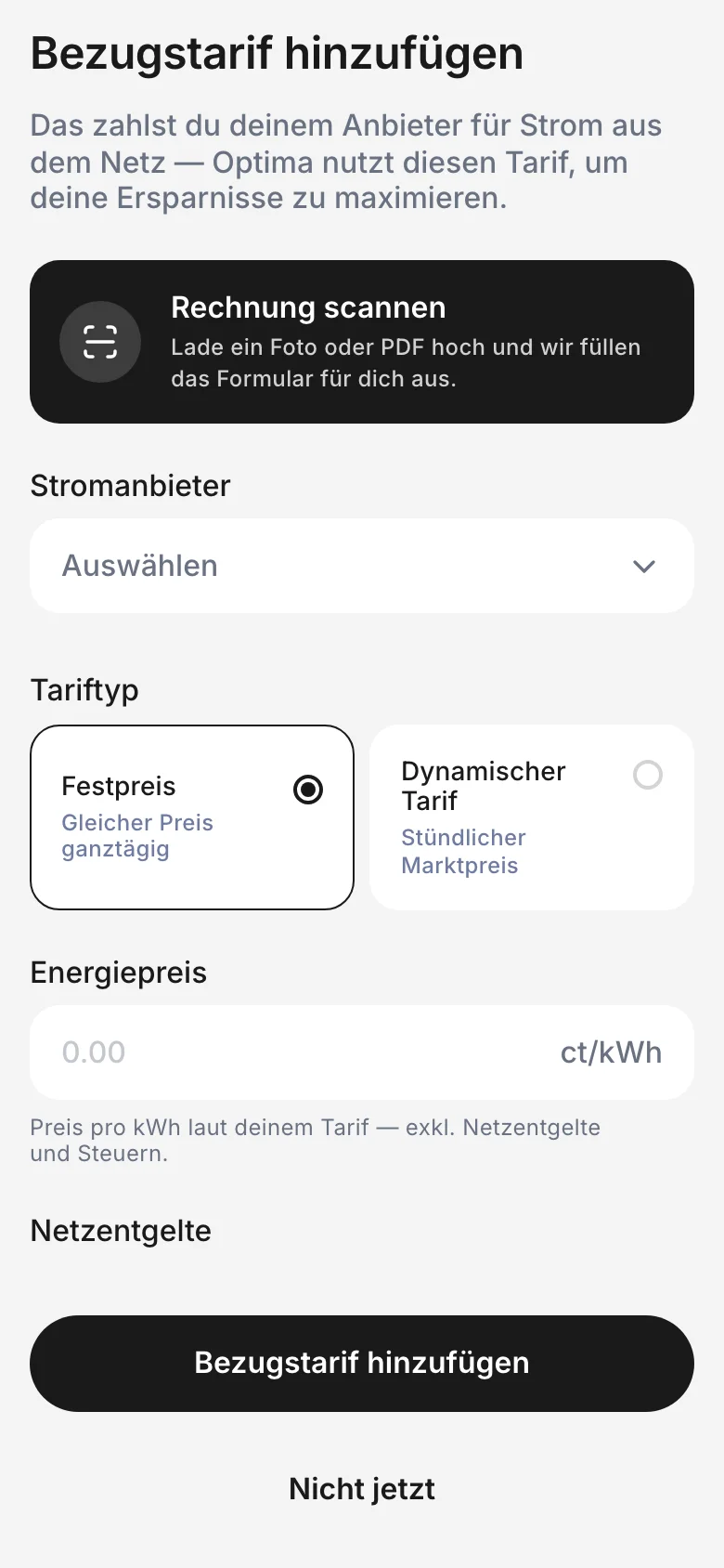 Formular Bezugstarif hinzufügen
