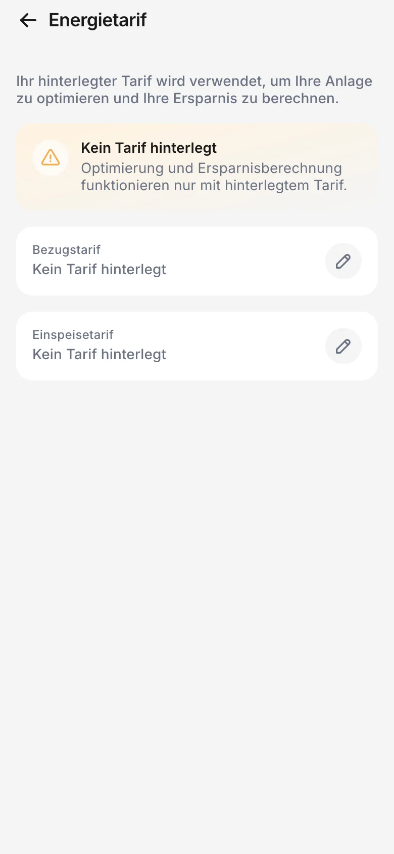 Seite Energietarif ohne hinterlegten Tarif