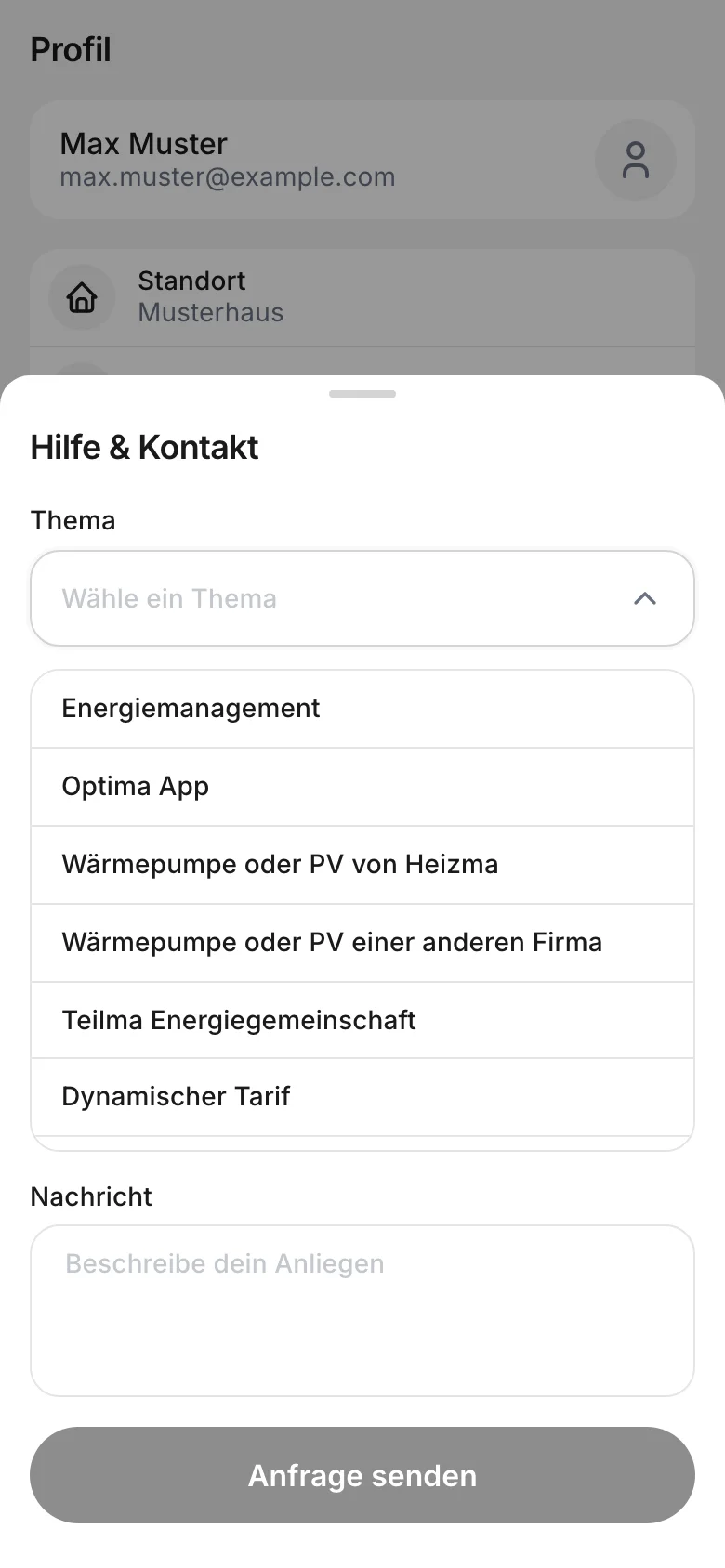 Themenauswahl im Kontaktformular