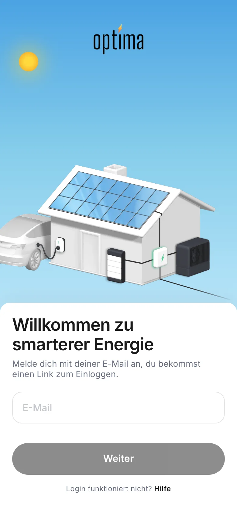 Login-Bildschirm der Optima App