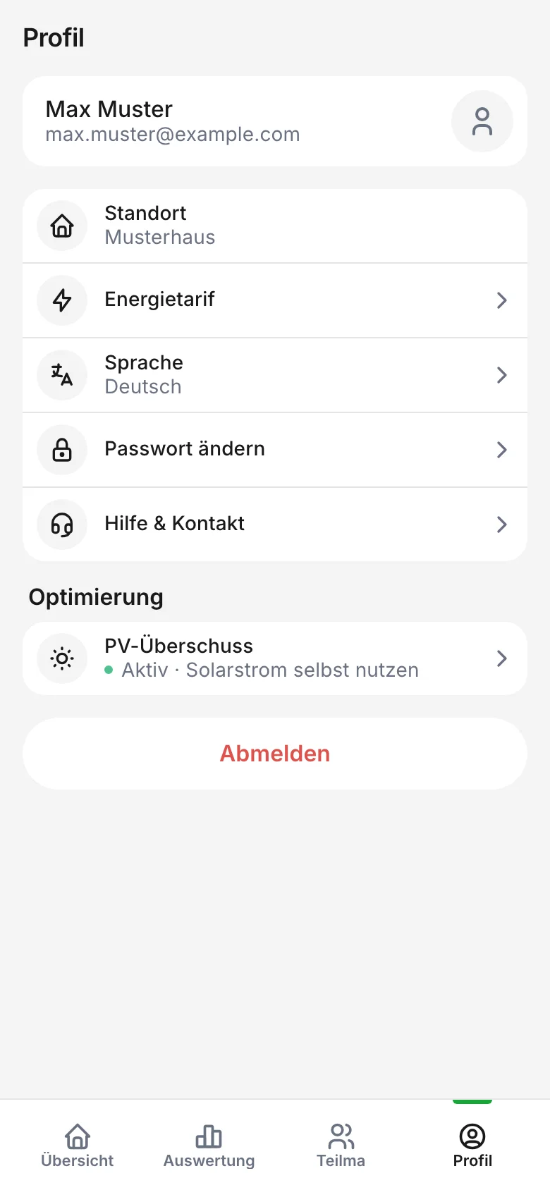 Profil-Seite der Optima App