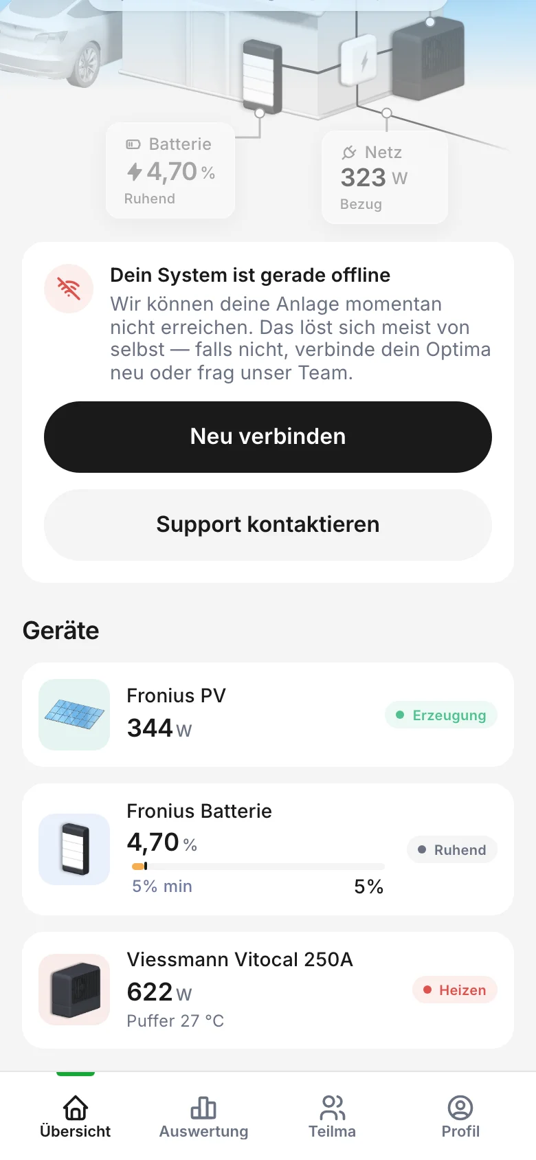 Buttons Neu verbinden und Support kontaktieren