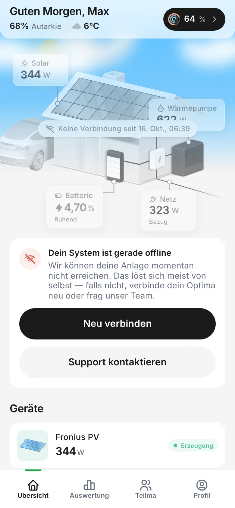 Übersicht mit der Meldung Dein System ist gerade offline