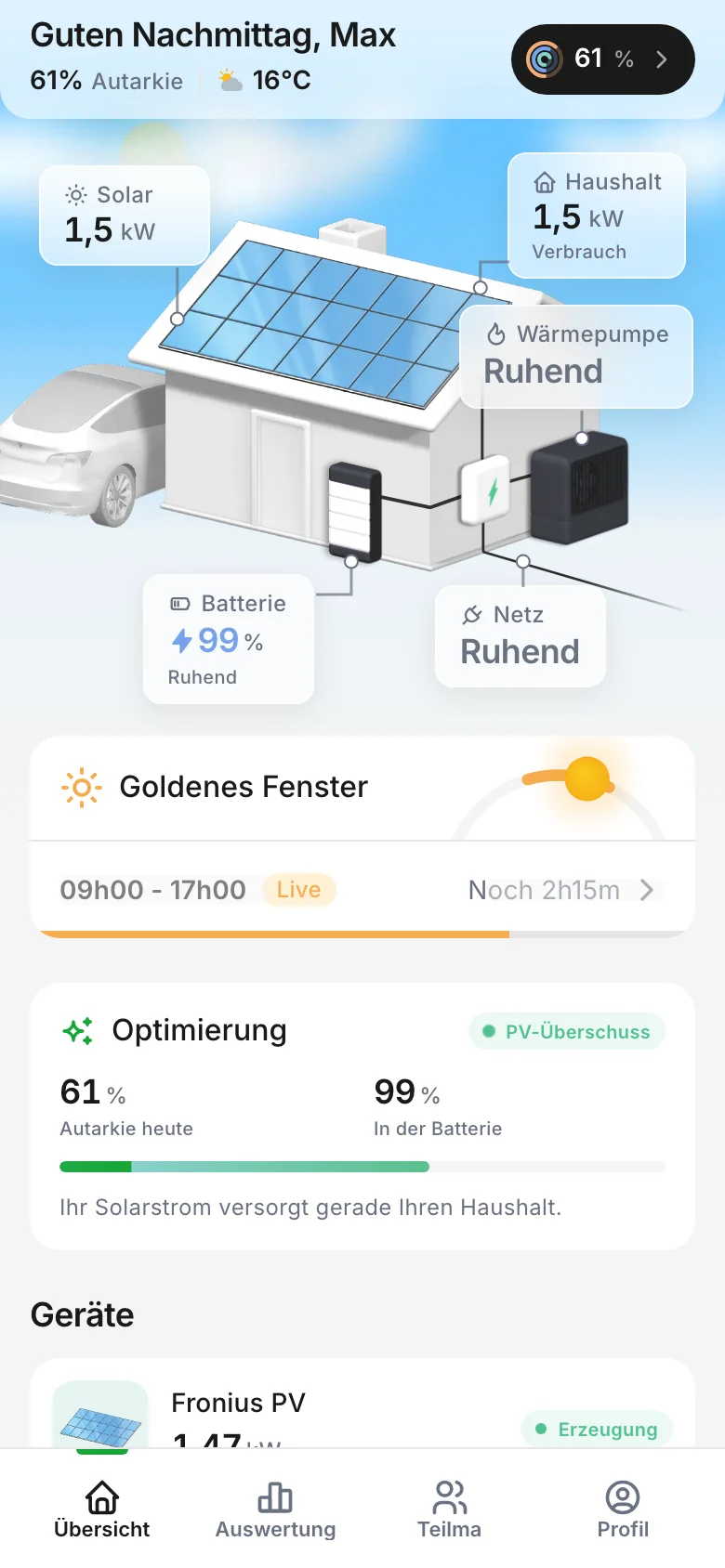 Übersicht mit Hausbild, Goldenem Fenster und Optimierung