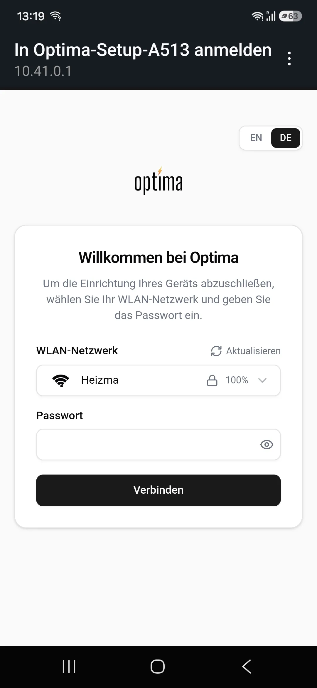 Einrichtungsseite Willkommen bei Optima